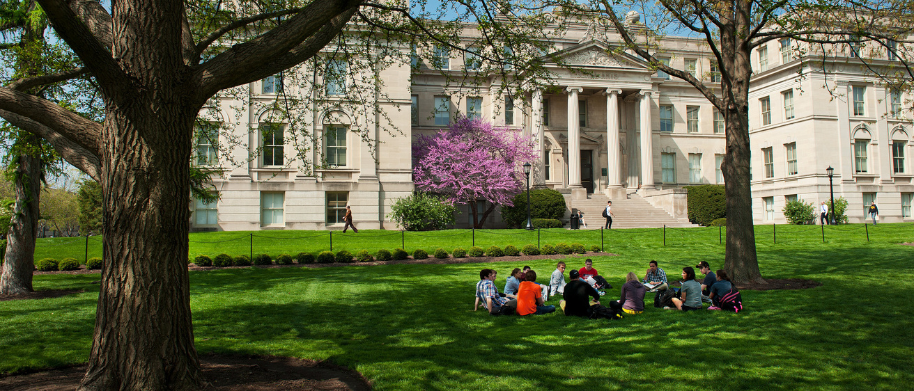 A group of students sitting in the grasas on the Pentacrest