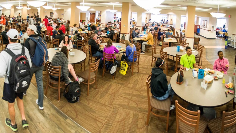 Burge dining hall with students eating